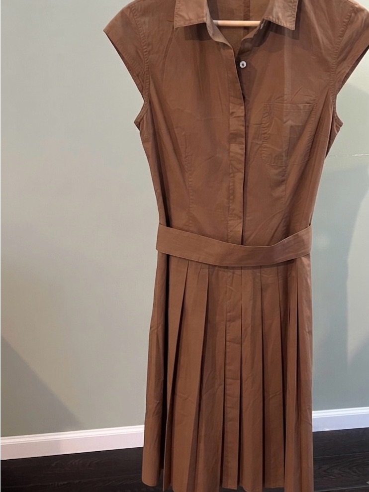 Brown Pleated Shirt Dress With Belt